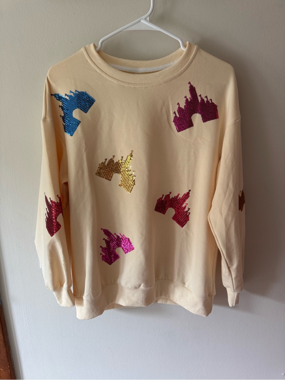 Oversized Magic Kingdom Castle Sequins Beige Crewneck